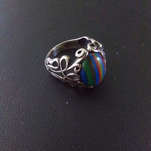 Sterling Ring Sz 8 Rainbow Calsilica Cabochon 925 Vintage - Picture 3 of 8